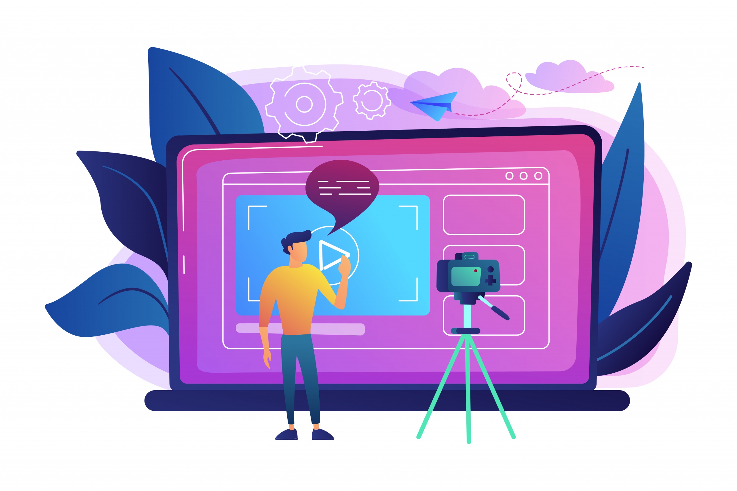 Vlog concept vector illustration. A man in front of camera recording a video to share it in internet. Vloger shares a bradcast in blog or video log. Video bloging, web television or embedded video concept. Violet palette. Vector.
