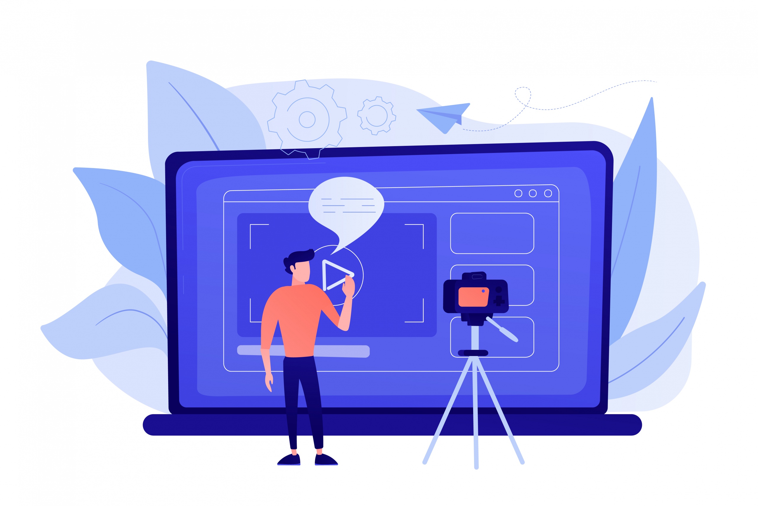 Vlog concept vector illustration. A man in front of camera recording a video to share it in internet. Vloger shares a bradcast in blog or video log. Video bloging, web television or embedded video concept. Violet palette. Vector.